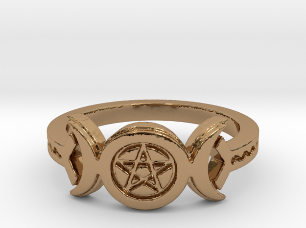 Triple Moon Pentacle Decorated Band Ring Size 8 in Polished Brass