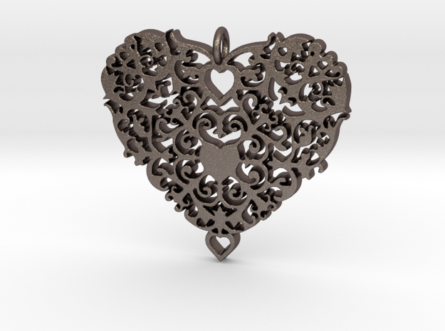 Floral Heart Pendant - Amour in Polished Bronzed Silver Steel