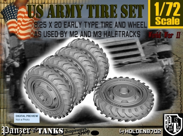 1-72 8-25x20 Early Tire Halftrack Set1 in Smoothest Fine Detail Plastic