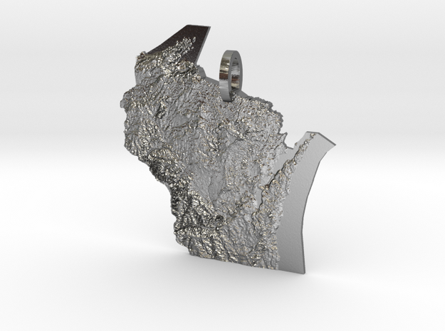 Wisconsin Landforms Map Pendant in Polished Silver