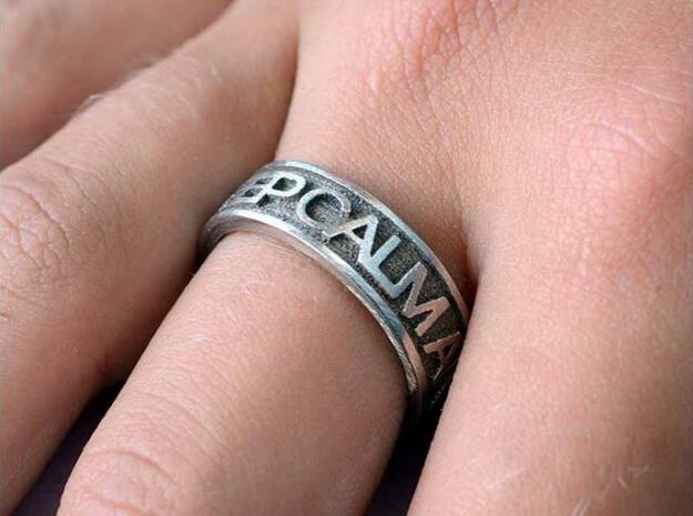 Size 10 Steel Ring "KEEP CALM & CARRY ON"  in Polished Bronzed Silver Steel