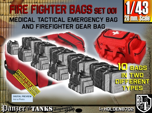 1/43 Med Tac Emerg-Firefight Gear Bag Set001 in Smooth Fine Detail Plastic