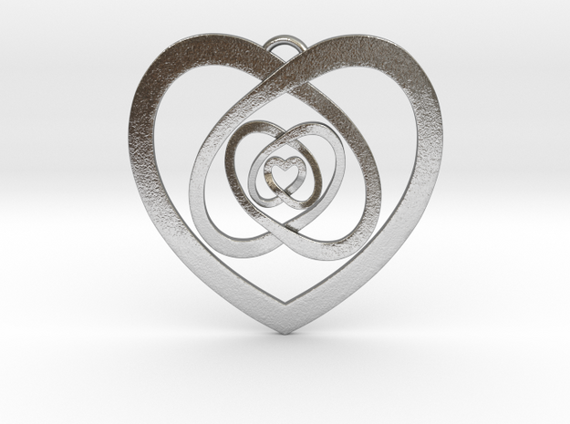 Nested Hearts Pendant 1" in Natural Silver