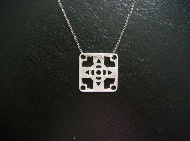 Square Pendant or Charm - Four Petal Flower in Natural Silver