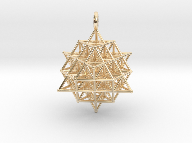 64 Tetrahedron Grid 35mm Pendant  in 14k Gold Plated Brass