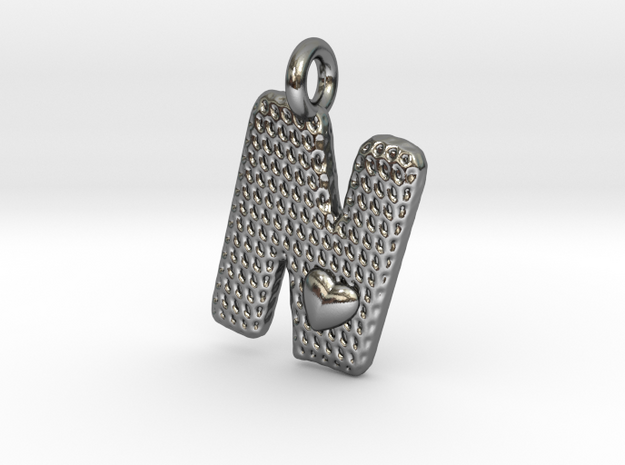 Letter Pendant with Heart -  'N' in Polished Silver