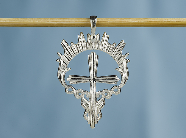 Christian Catholi halo cross necklace pendant in Polished Silver