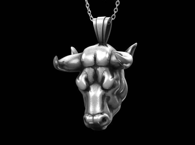 Silver Bull Pendant, Bull Head Necklace in Antique Silver