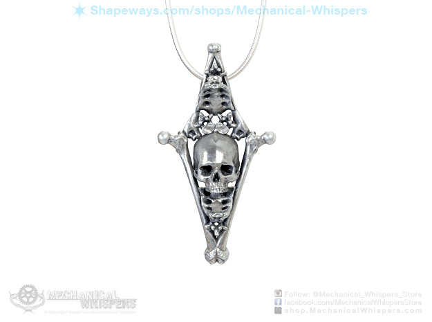 Human Skull Pendant Jewelry Necklace, Diamond Bone in Polished Bronzed-Silver Steel