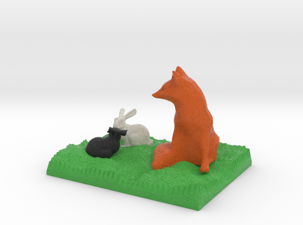 Fox Watching Two Bunnies in Full Color Sandstone