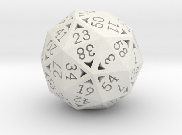 60 Sided Die - Small in White Natural Versatile Plastic