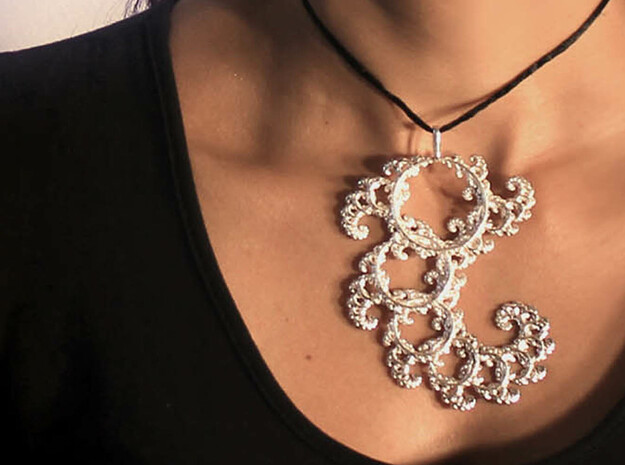 9cm Fractal lace, intricate spirals pendant in Polished Silver