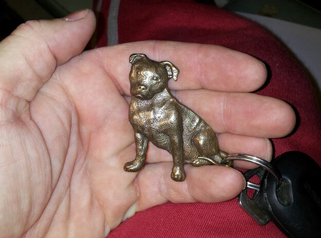 Staffordshire Bull Terrier Key Fob. in Polished Bronze Steel