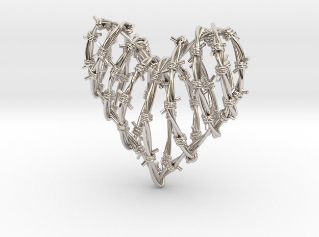 Barbed Wire Heart Cage Pendant in Rhodium Plated Brass